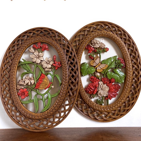 Vintage Other - Vintage 70s Wicker Frame Butterfly / Floral Wall Art Mid Century Faux Wicker